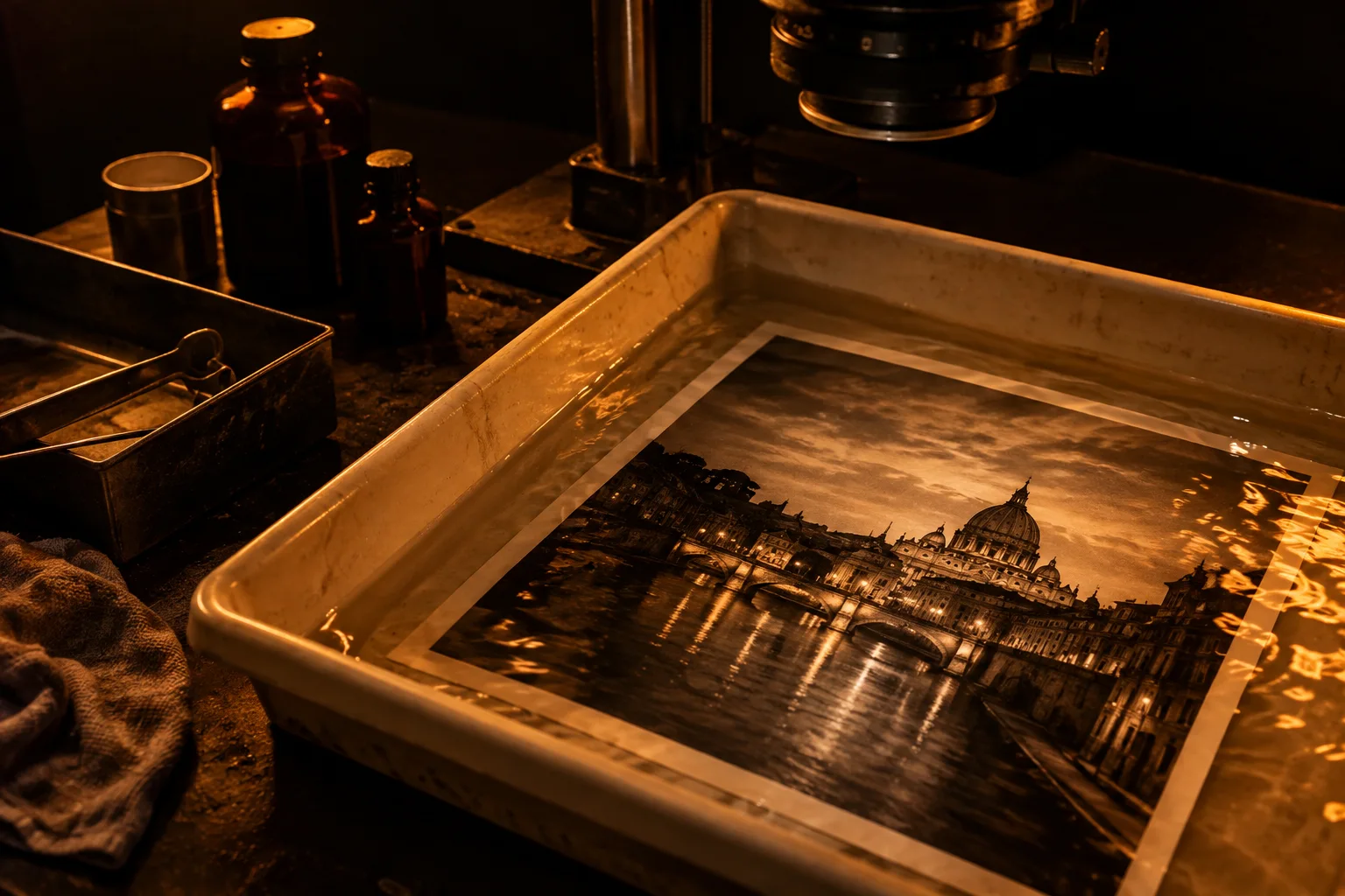 A photographic print coming into focus in an amber-lit developing tray