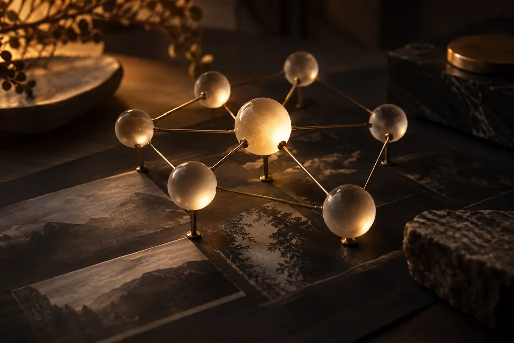 A frosted-glass node network above a content page.
