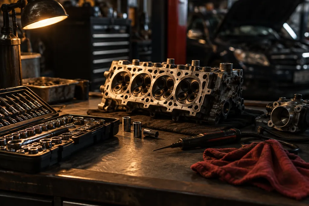 Mechanic's tools and an engine component on a workshop bench.