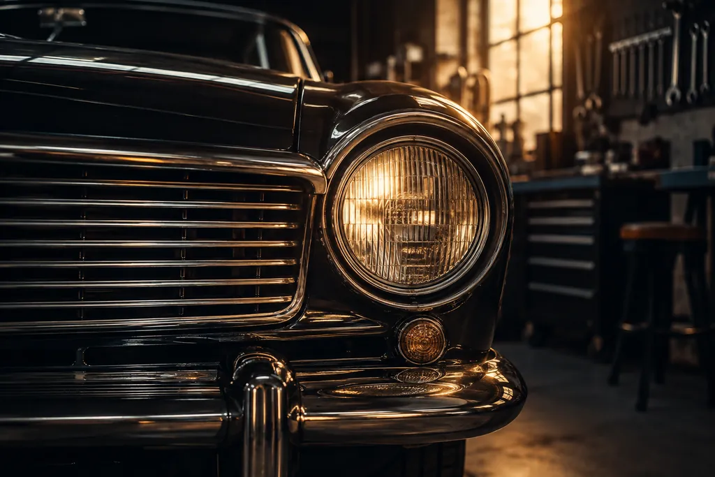 An unbranded car headlamp and grille in warm workshop light.