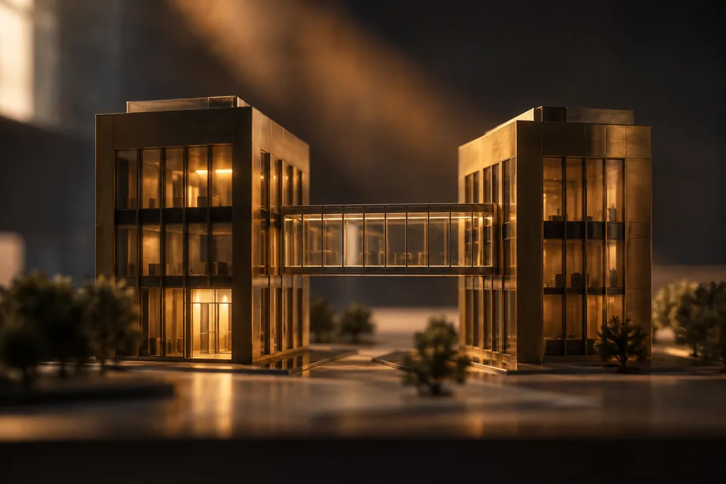 Two office models connected by a glass walkway.