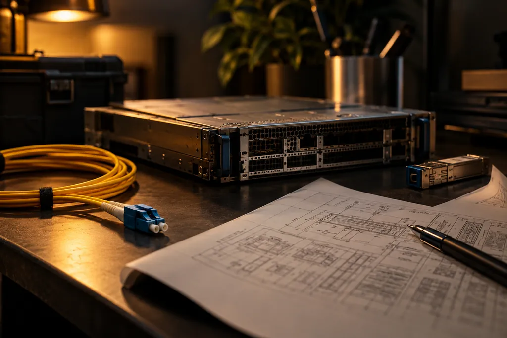 Fiber connections and a server module beside a system plan.