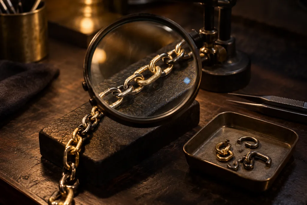 A magnifying lens examining a chain of brass links.