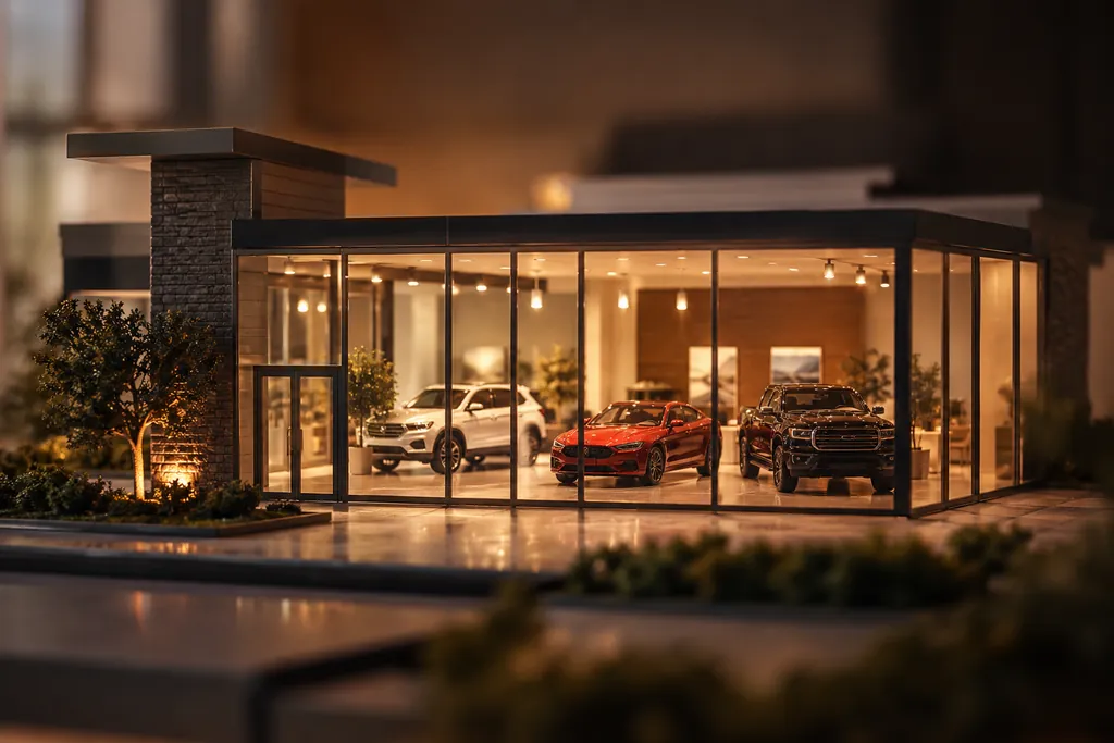 A model car showroom with three unbranded vehicles.