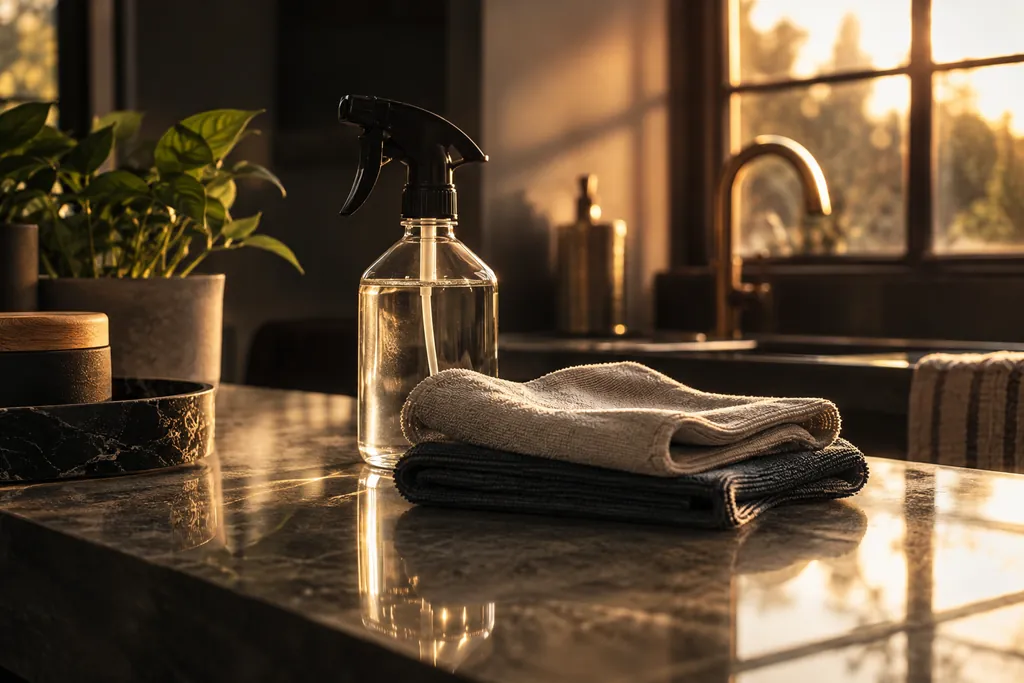 Cleaning cloths and an unlabelled spray bottle on polished stone.