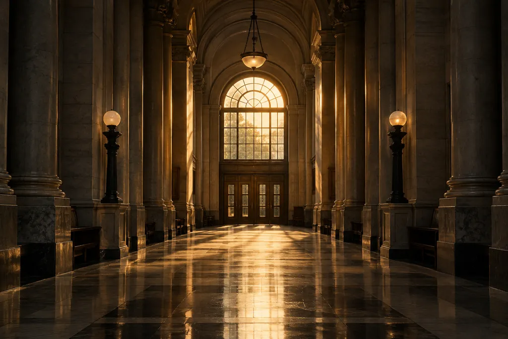 An empty courthouse corridor in warm light.