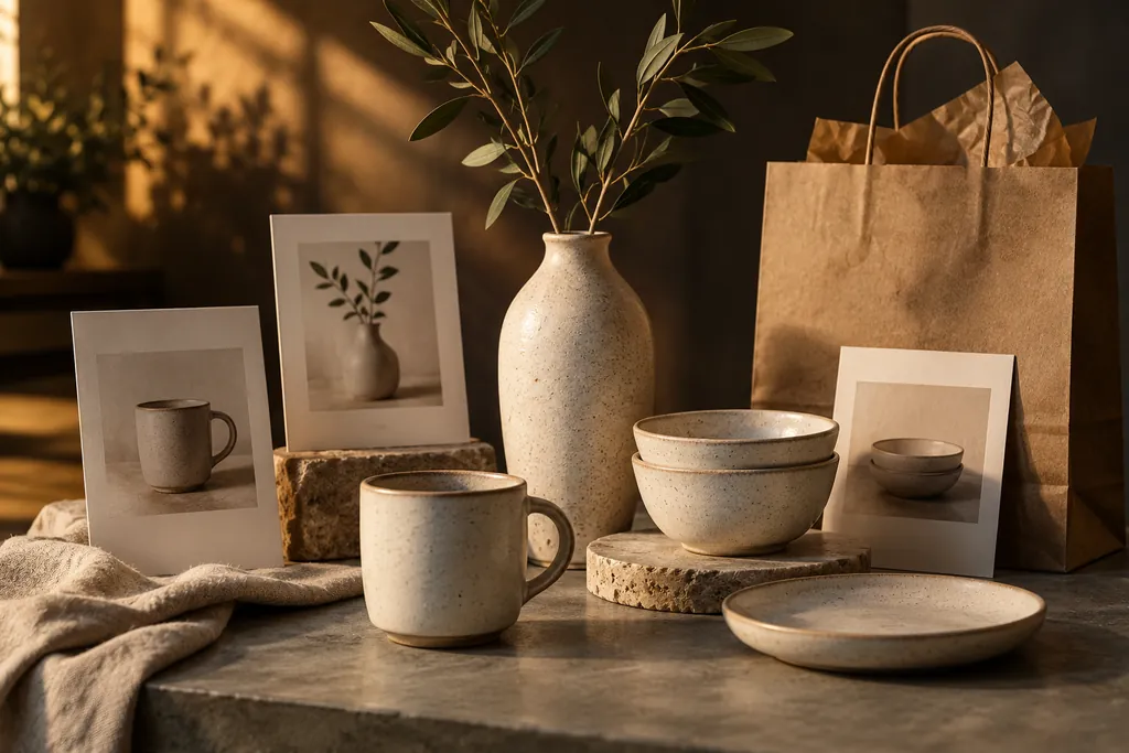 Products, catalogue cards and an unbranded kraft shopping bag.