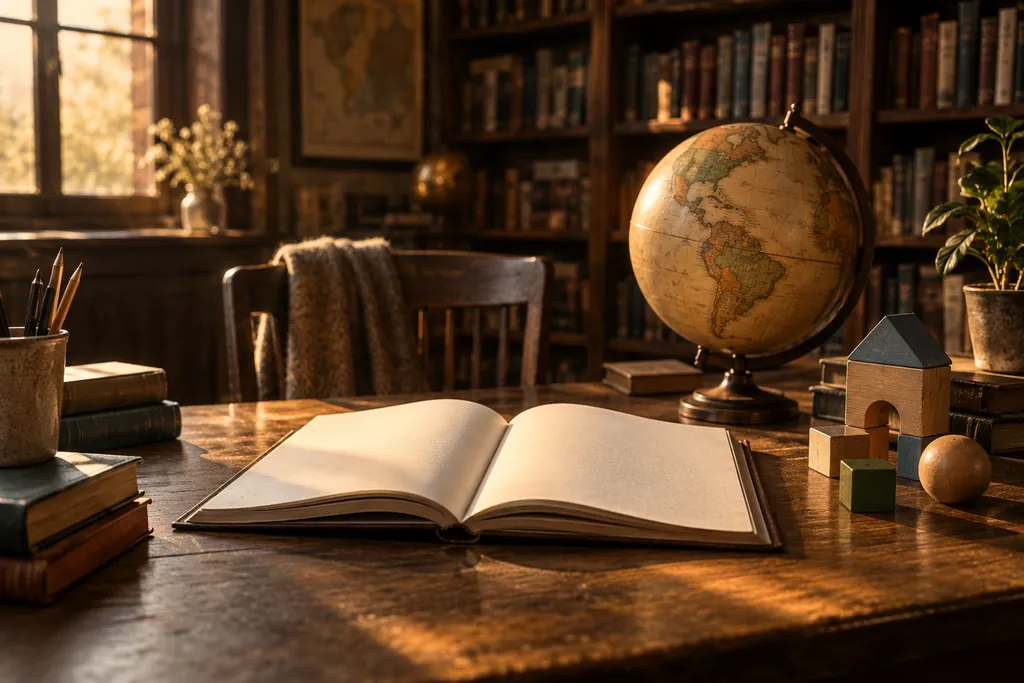 An open workbook, learning blocks and a globe in a library.