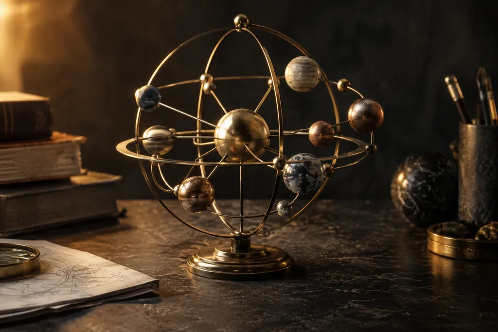 A central brass node connected to a ring of related objects.