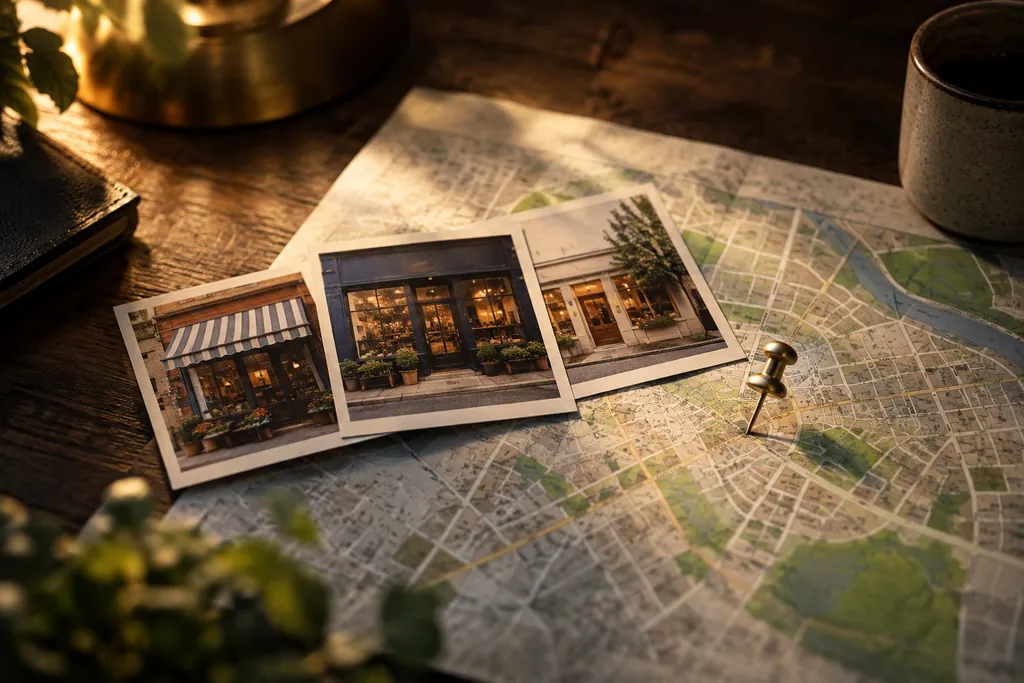 Storefront photo cards beside a neighborhood map.