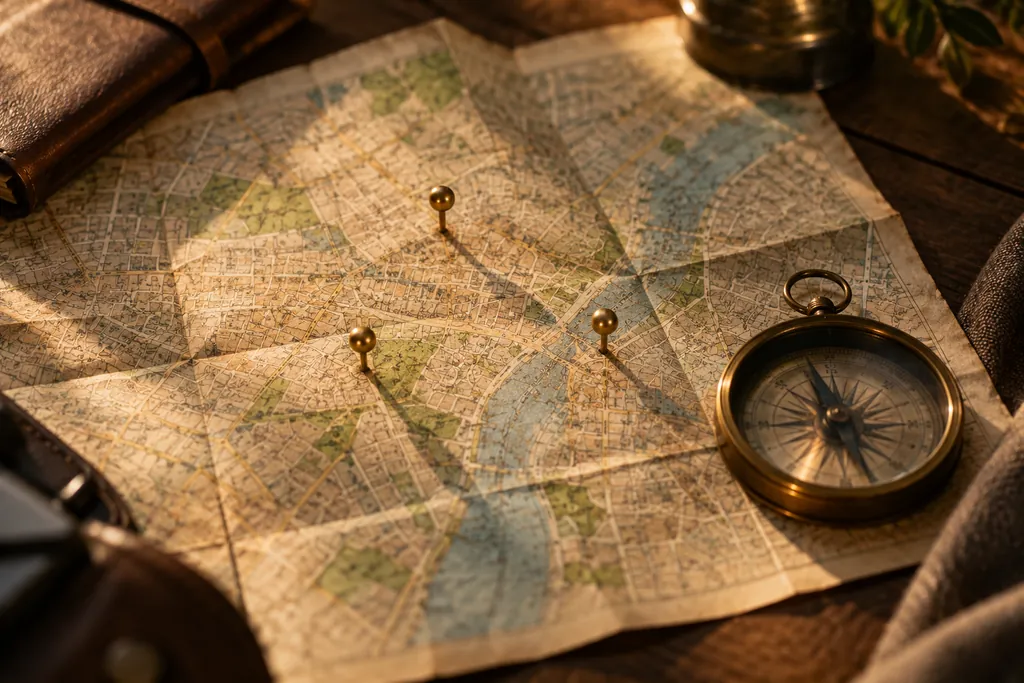 A folded street map with brass location pins and a compass.
