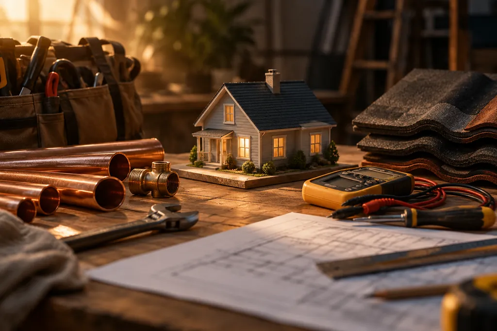 Home service tools arranged around a small house model.