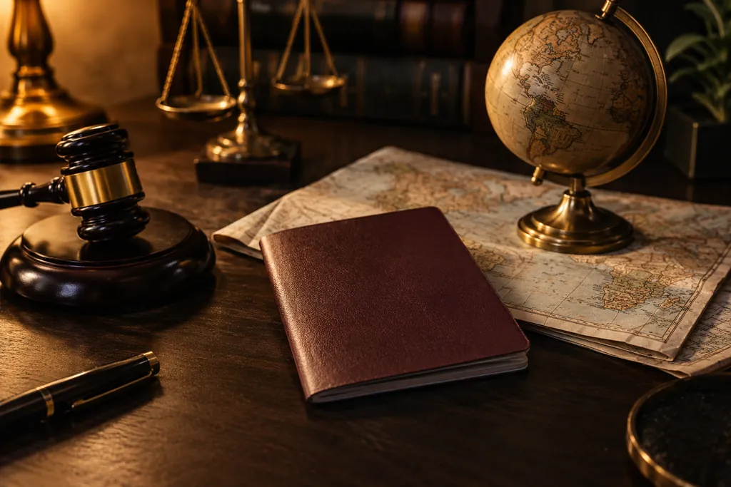 Unmarked travel documents, a globe and a folded map.
