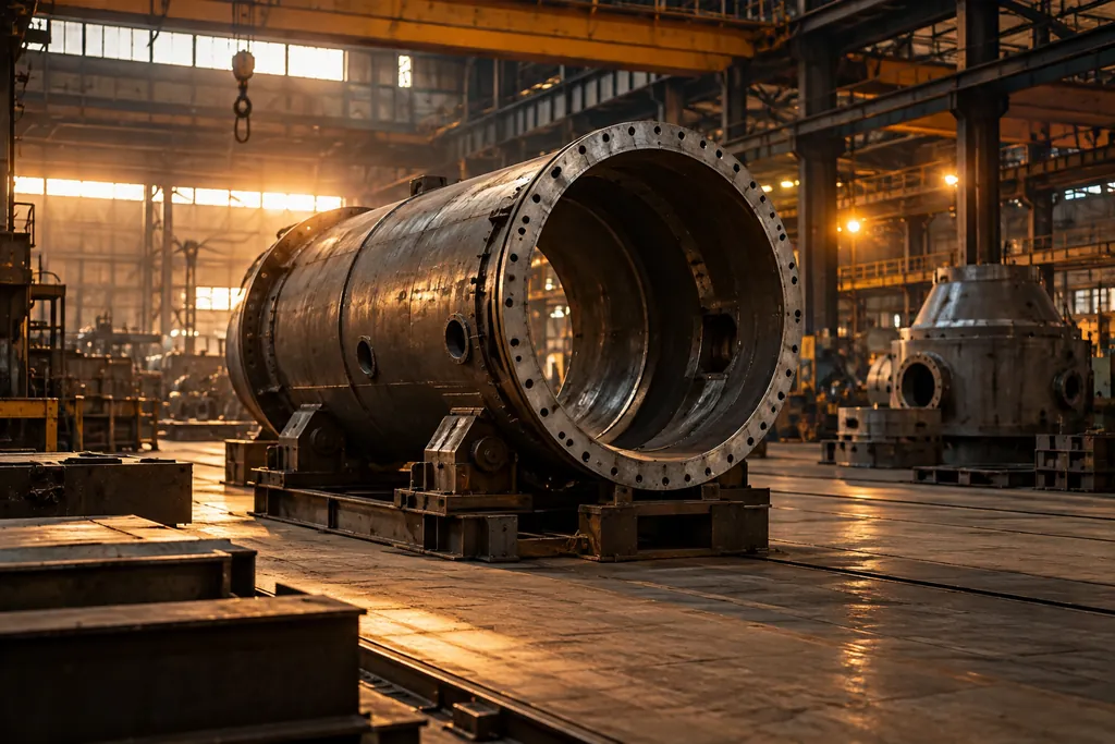 Metal fabrication equipment inside an industrial hall.