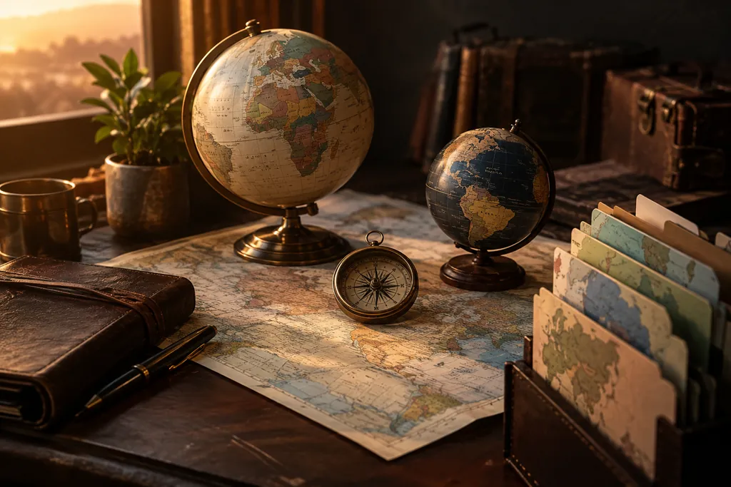 Regional planning folders, globes and a brass compass.