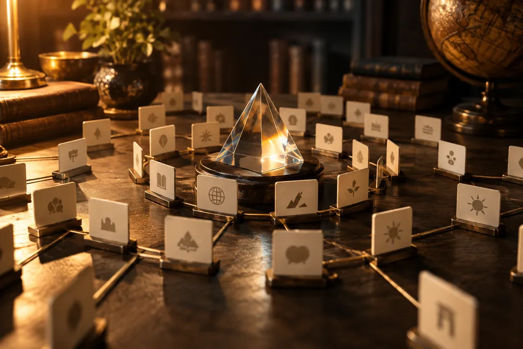 Language cards arranged in pathways around a glass prism.
