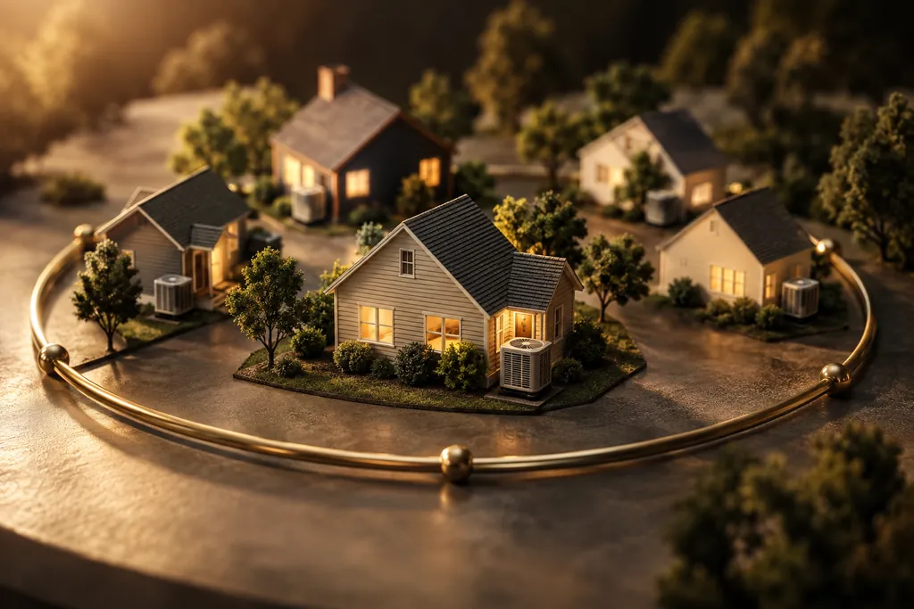 House models with condenser units inside a service-area boundary.