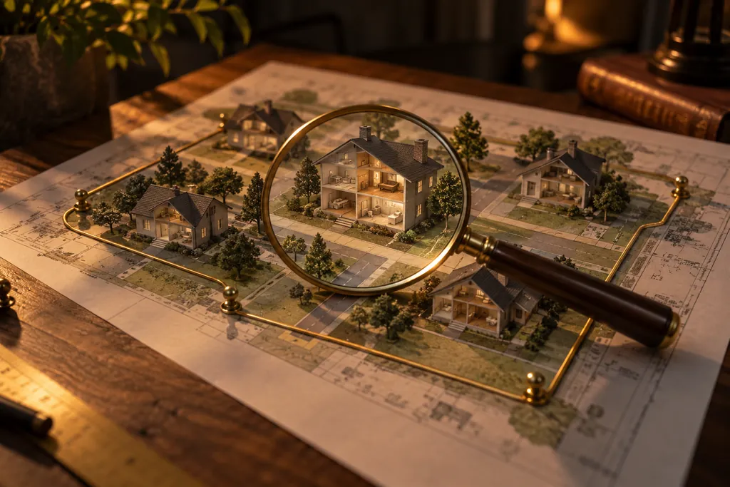 A neighborhood inspection model with house cross-sections and a lens.