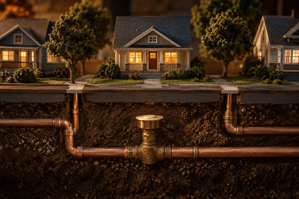 A neighborhood model with copper pipe routes beneath the houses.