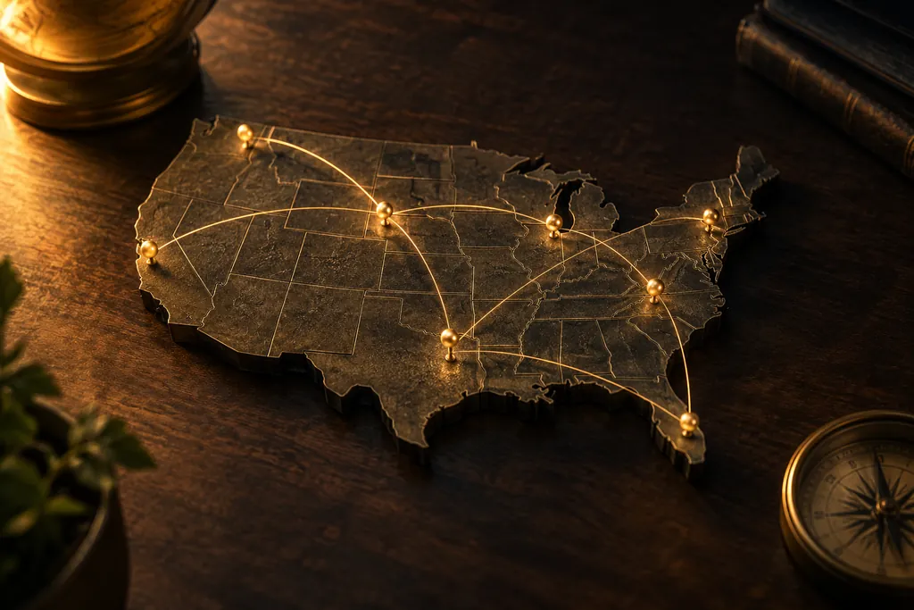 Business markers connected across a tabletop United States map.