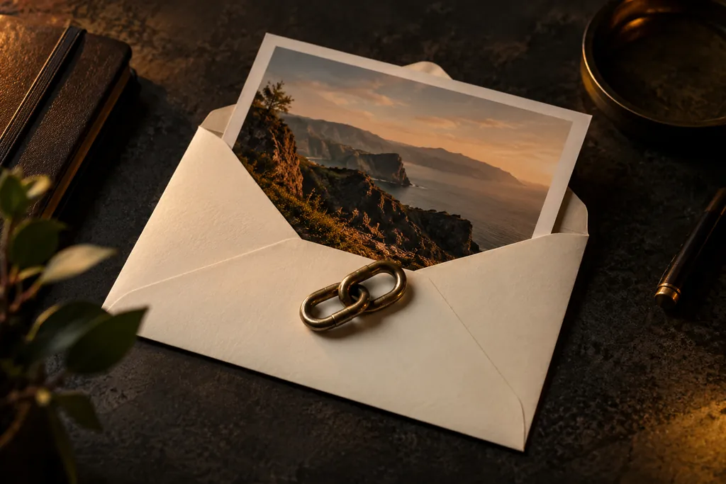 An outreach envelope, editorial photograph and brass link.
