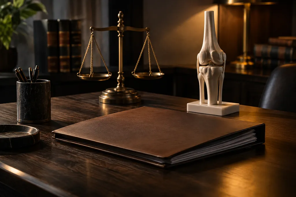 A case folder, balance scale and orthopedic model.