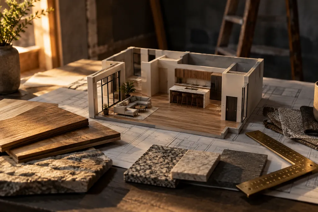 A room model with flooring samples and a carpenter square.