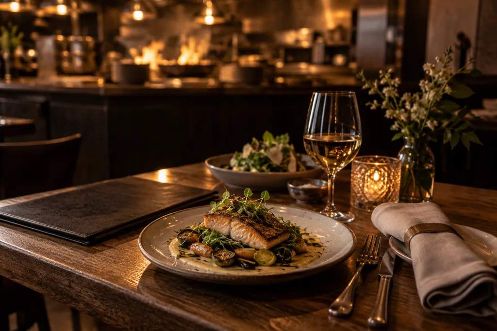 A plated meal and unlettered menu cover on a restaurant table.