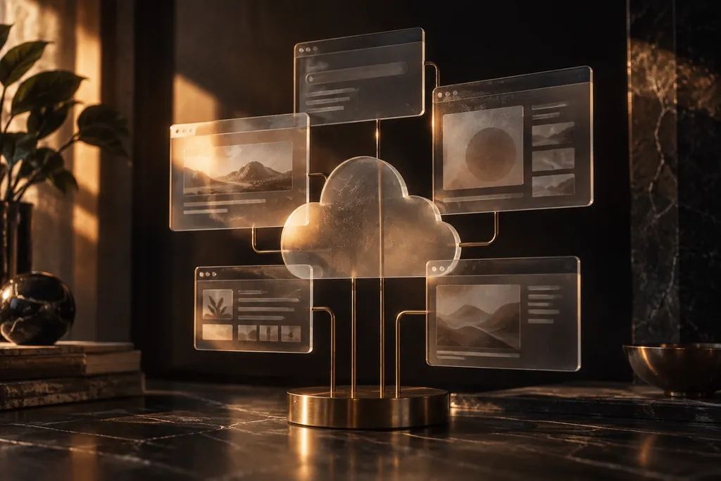 Translucent software interface panels linked on a brass base.