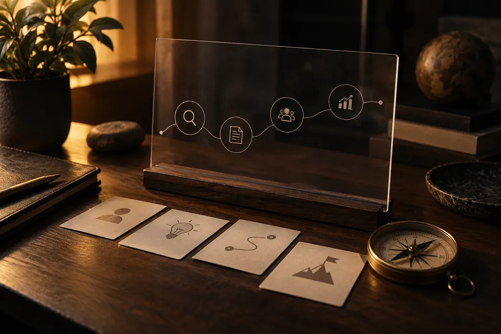 A software product panel and buyer-journey planning cards.