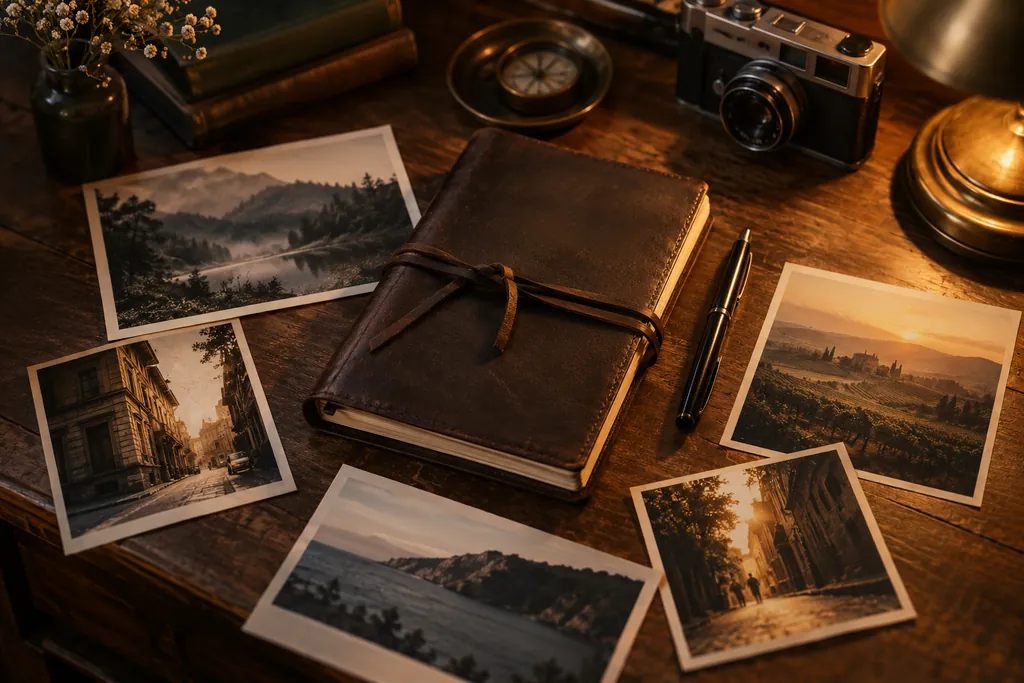 A publishing notebook surrounded by editorial photo cards.