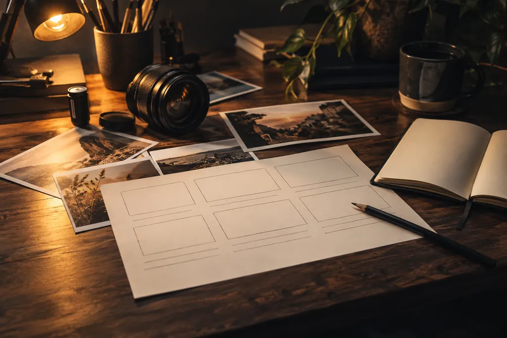 An editorial storyboard, camera lens and selected prints.