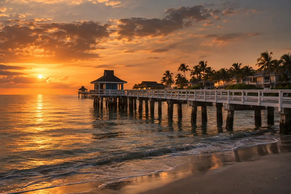 A coastal pier and palm-lined buildings in Naples, Florida.