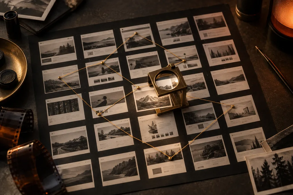 A loupe over connected website prints on a dark desk.