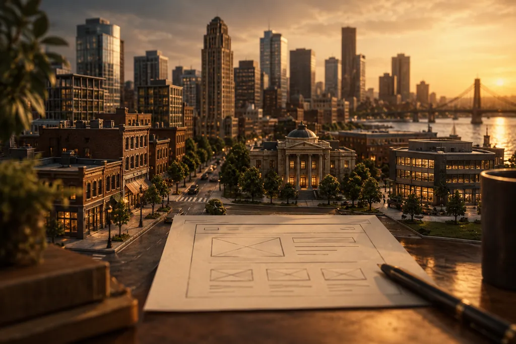 An American business district model beside a website planning card.