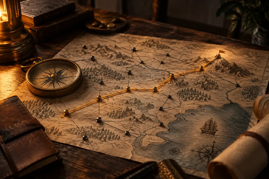 A strategy board with branching paths and a highlighted route.