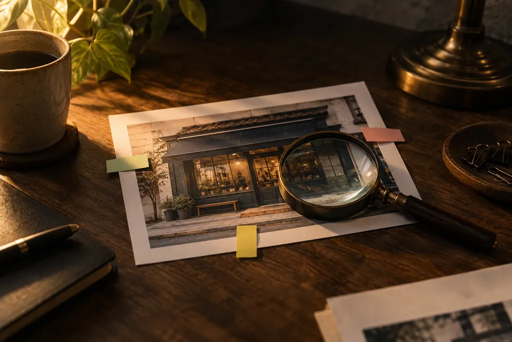 A small-business webpage print examined with a magnifying lens.