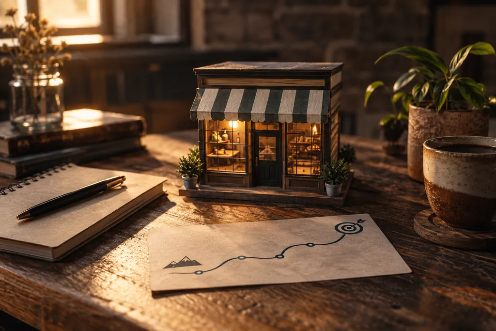 A small shop model beside a notebook and focused roadmap.