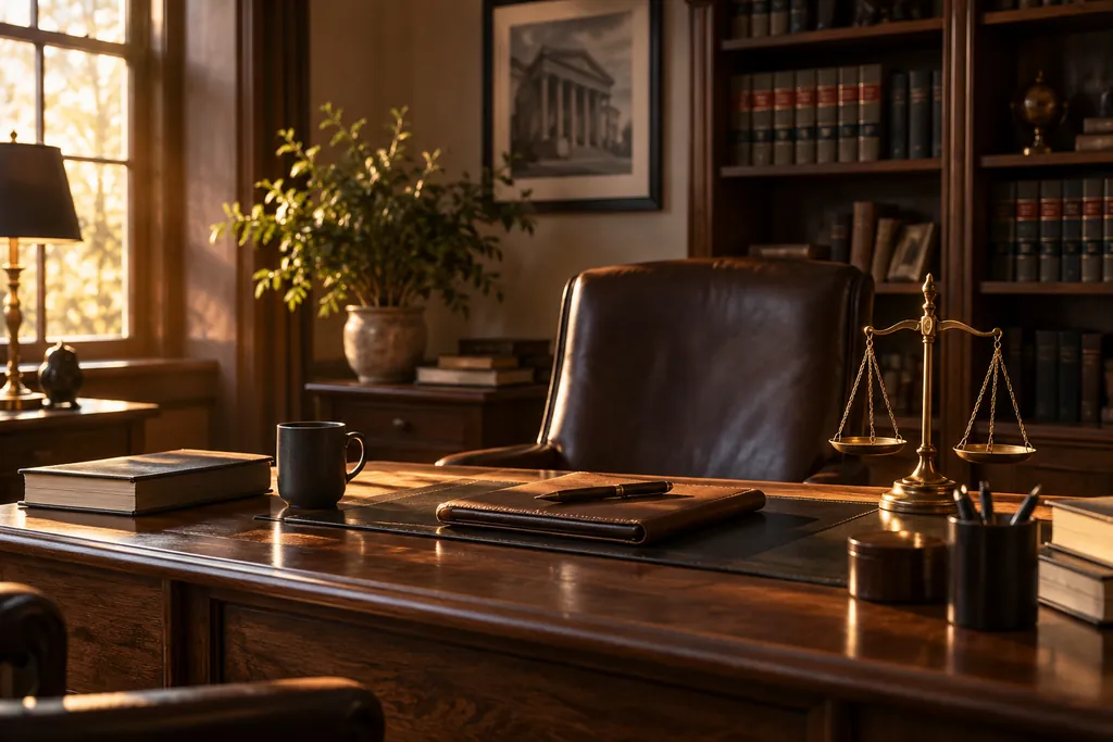A compact legal office with a desk and bookcase.