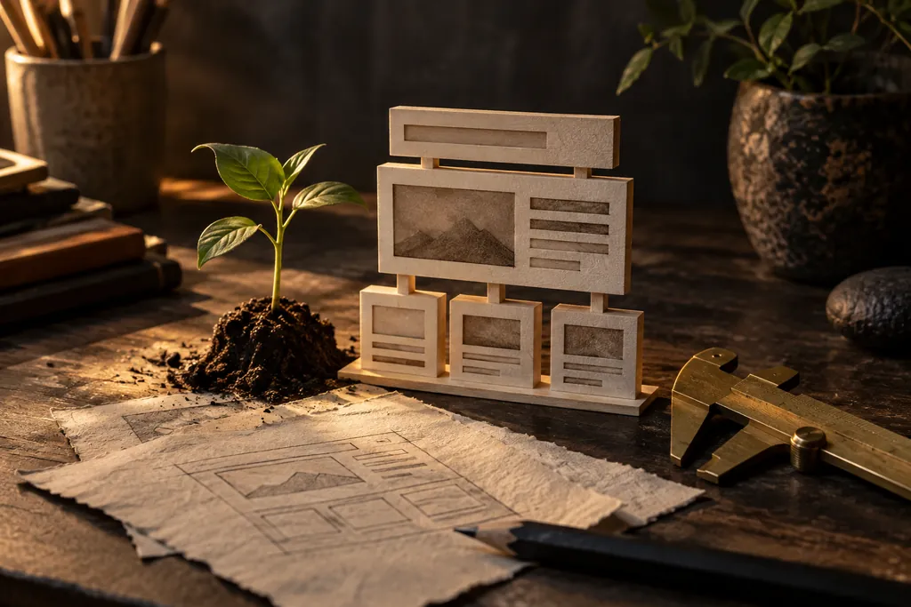 An early website model beside sketches and a seedling.