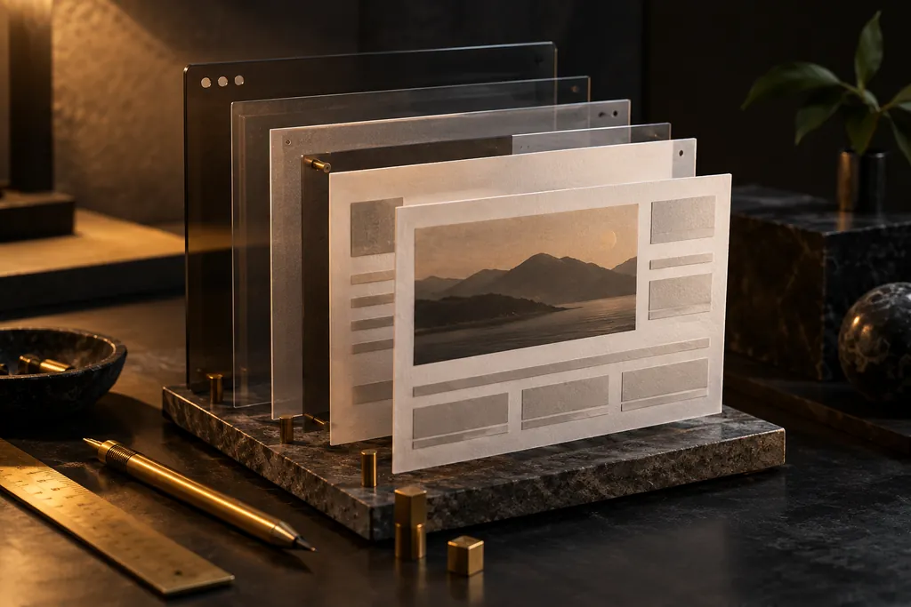 Layered glass and paper panels forming a model website.