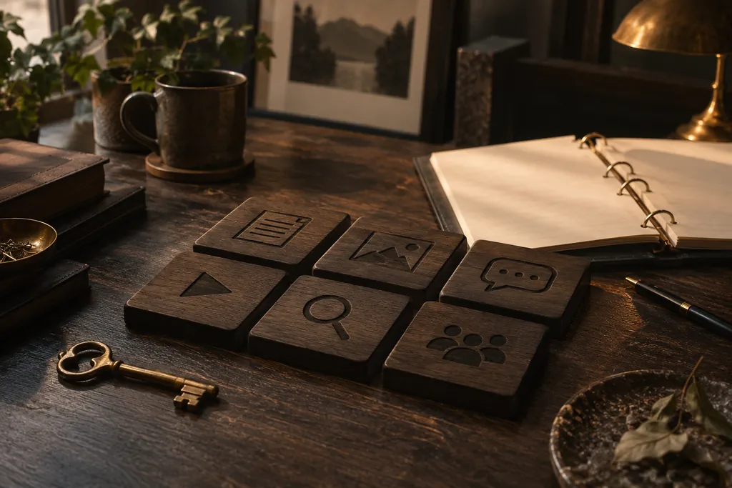 Interlocking content tiles and a page binder on a publishing desk.
